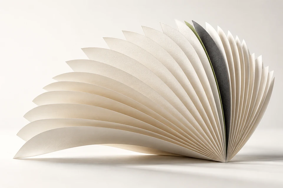 Ivory paper leaves joined into one fan, an editorial metaphor for organizational knowledge.
