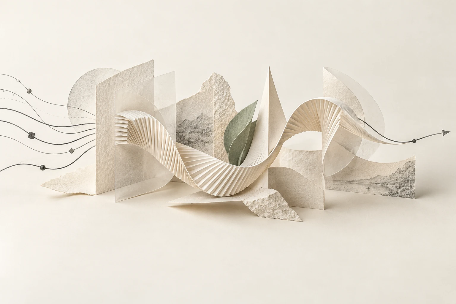 Conceptual artwork: graphite paths and layered paper forms connect through one continuous ivory ribbon, expressing context, memory and action coming together.