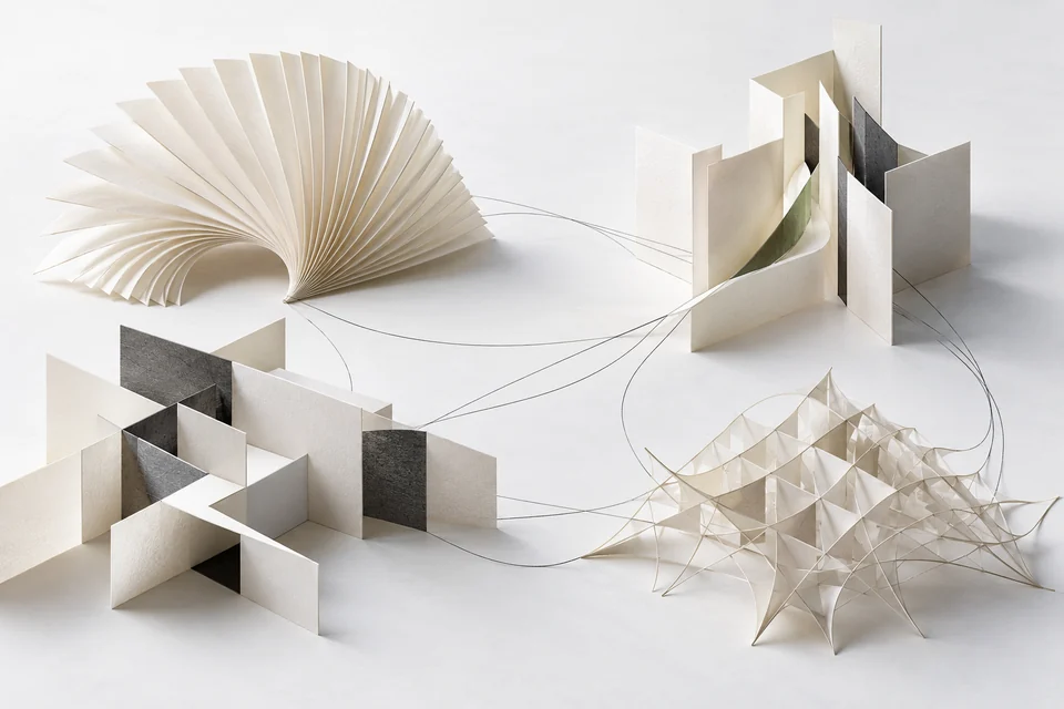 Four connected paper formations explore organizational knowledge, general intelligence, software development and open-weight research. Original conceptual artwork.