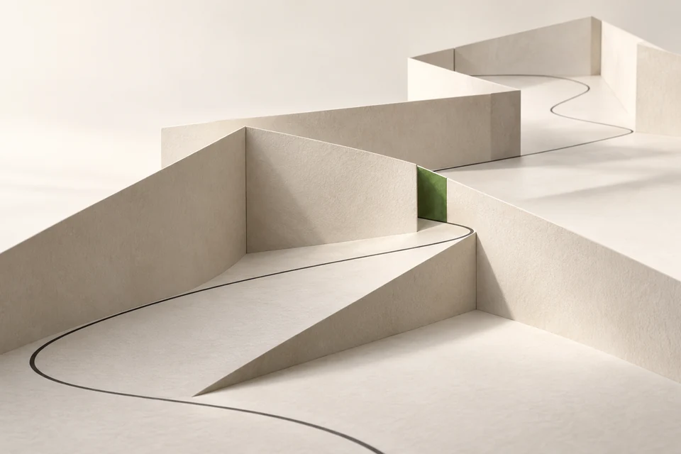 A graphite path continues across folded ivory planes, an editorial metaphor for clarity through complexity.