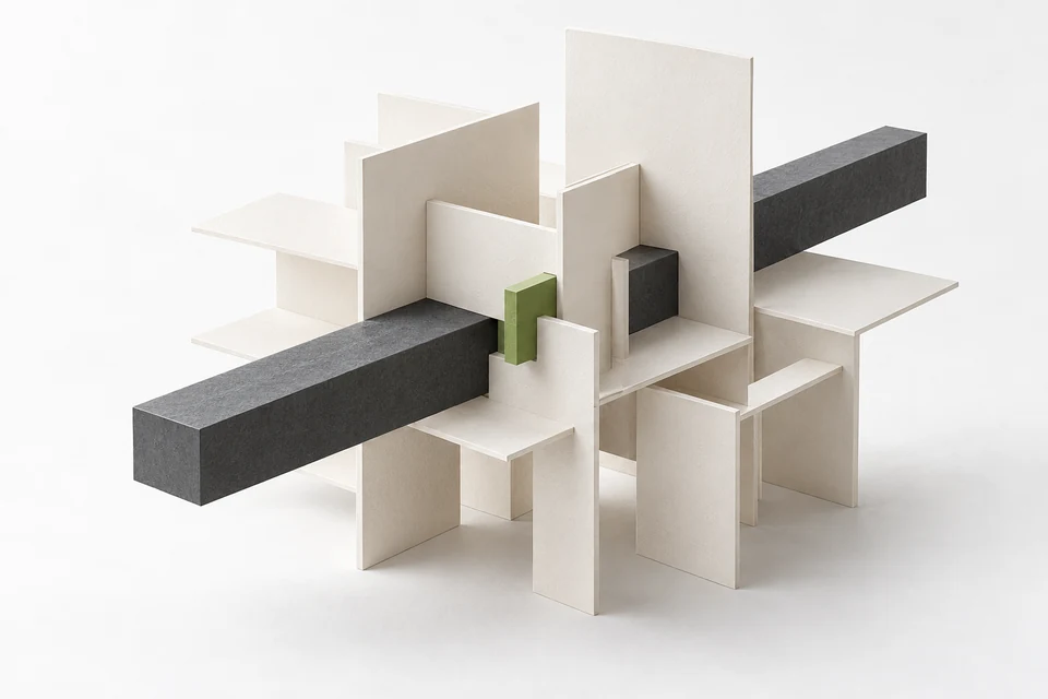 Ivory architectural planes interlock with graphite beams and one green joint, an editorial metaphor for structured software.