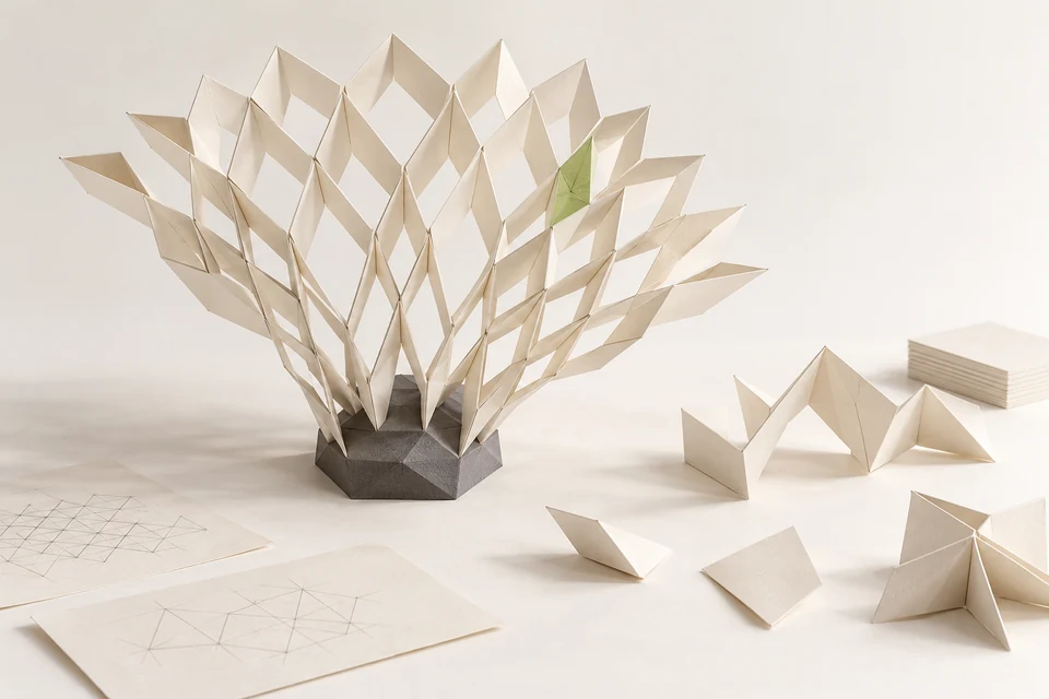 An open paper lattice grows from a graphite base beside unfinished folds, an editorial metaphor for coding research.